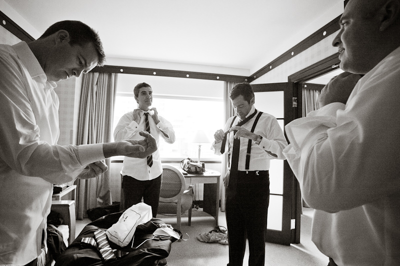 Groom gets ready before his wedding ceremony at the Kimmel Center in Philadelphia.
