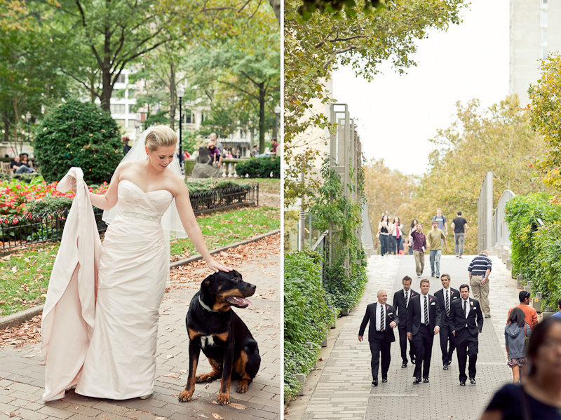 Bride poses with her dog and groomsmen before the wedding ceremony at the Kimmel Center in Philadelphia.