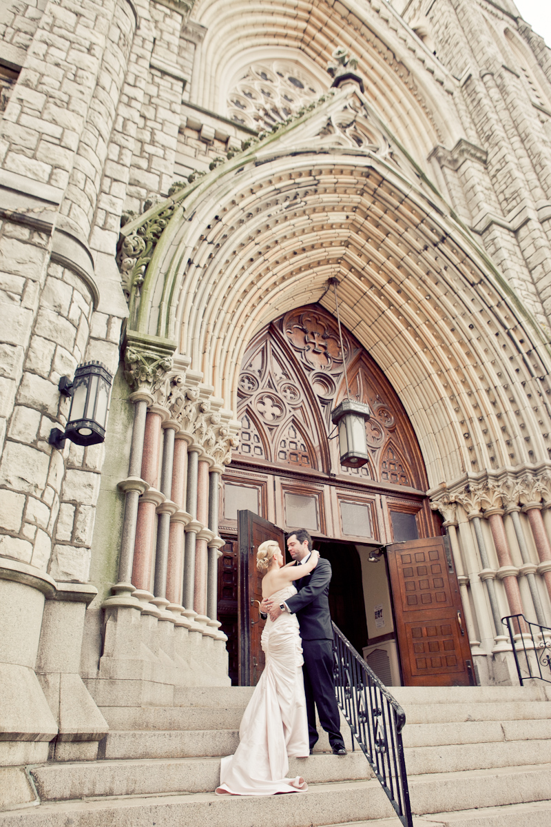 Bride and groom outside of the church before their wedding ceremony in Center City, Philadelphia.