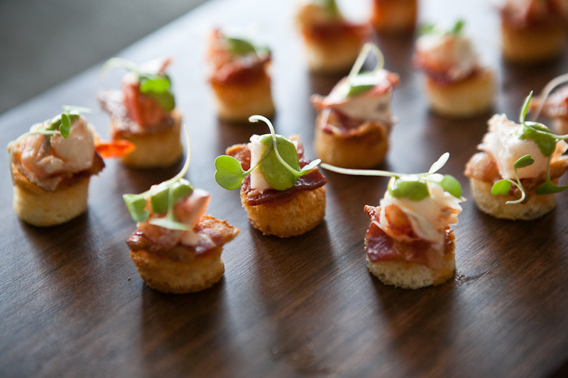 Unique hors d'oeuvres are served during this wedding's cocktail hour at the Kimmel Center in Philadelphia.