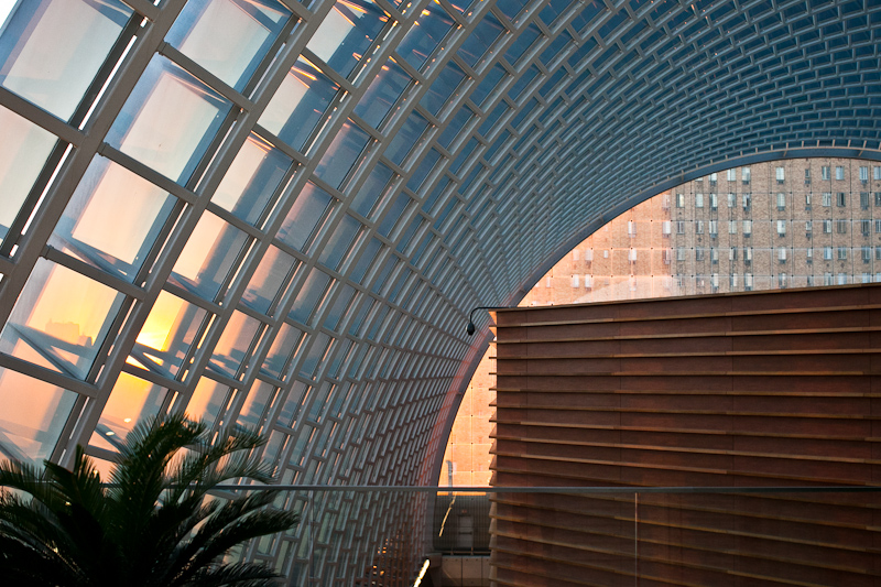 A perfect sunset lights up the modern architecture of the Kimmel of Center City Philadelphia. 