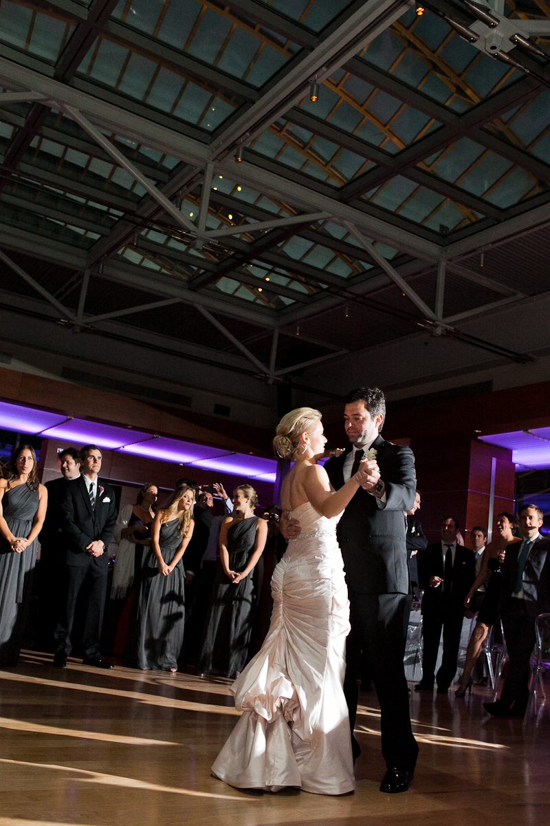 Bride and groom have their first dance at the modern Kimmel Center in Philadelphia.