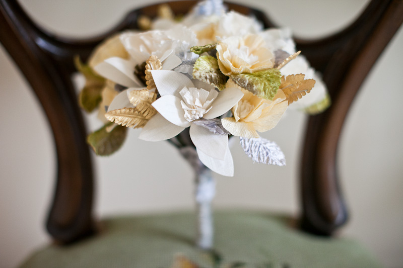 Unique silver and gold paper bouquet from BHLDN, a unique wedding dress and accessories company.
