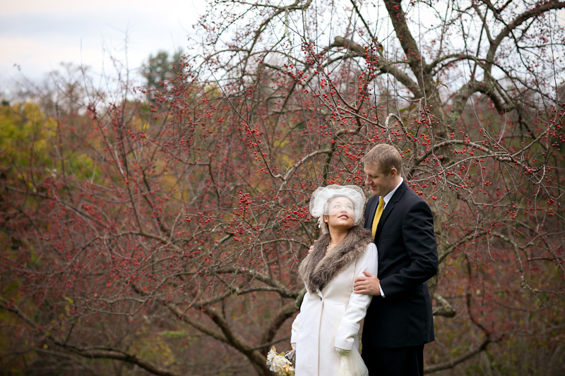 Bride and groom take outdoor, winter portraits in front of red berry bushes at Morris Arboretum, a unique garden venue.