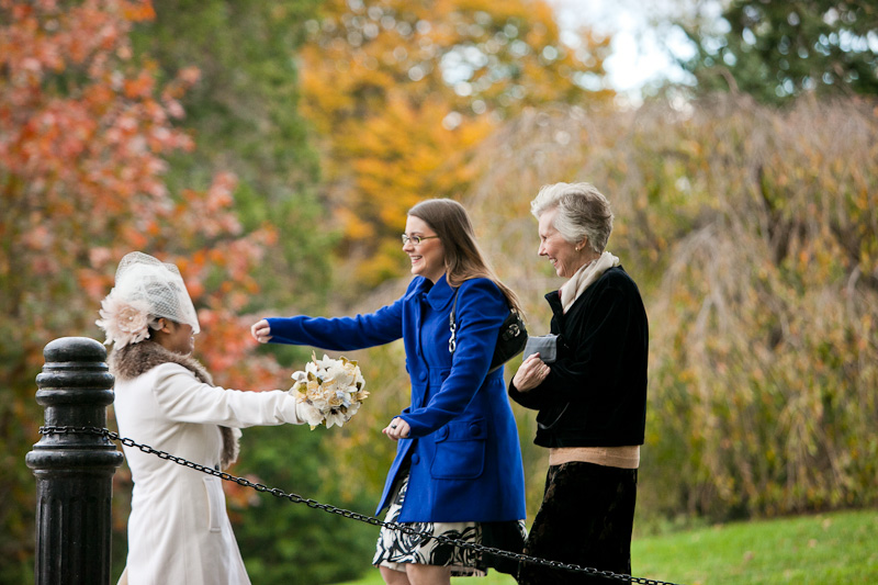 Guests arrive to this outdoor, garden wedding ceremony at Morris Arboretum in Philadelphia.