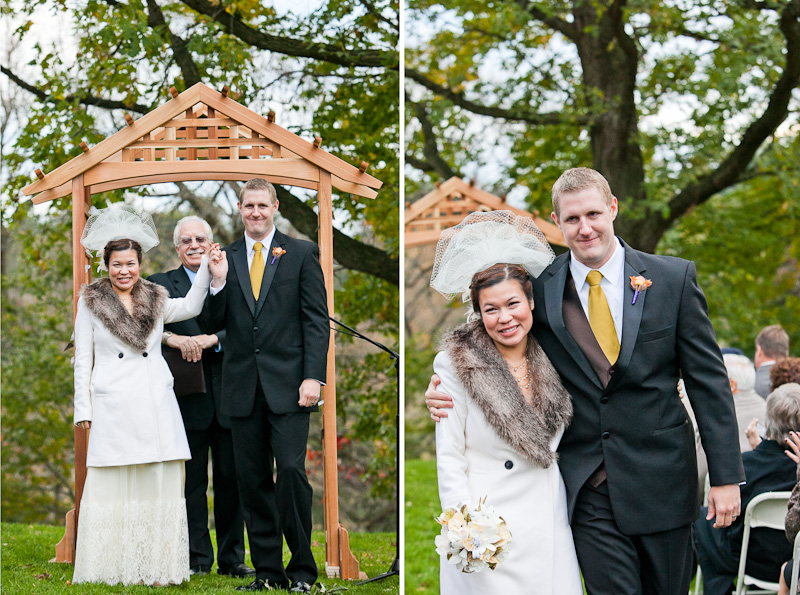 Bride and groom tie the knot at their outdoor winter wedding ceremony at Morris Arboretum in Philadelphia.