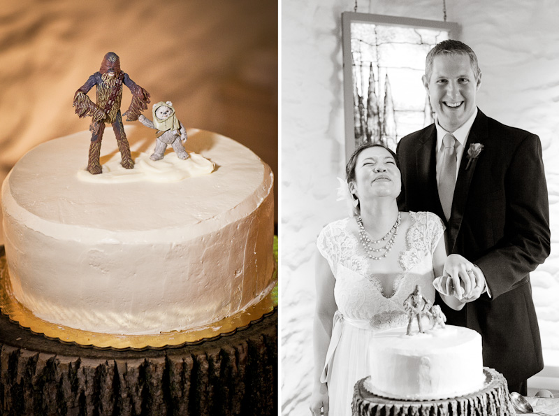 Unique Star Wars cake toppers for this modern winter wedding at Morris Arboretum in Philadelphia.