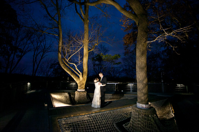 Unique night portraits of the bride and groom at the tree house at Morris Arboretum in Philadelphia.