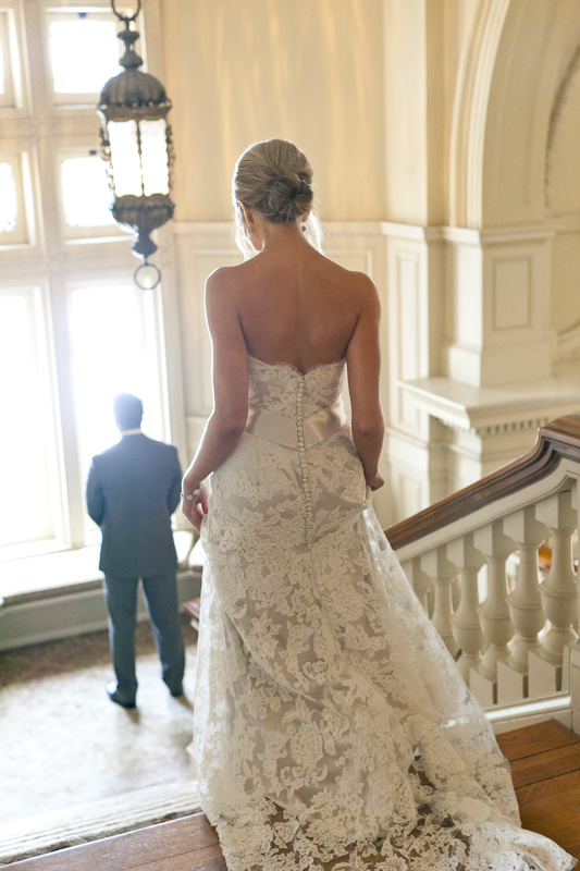 Bride and groom have their first look before their elegant spring wedding in Bryn Athyn, PA.