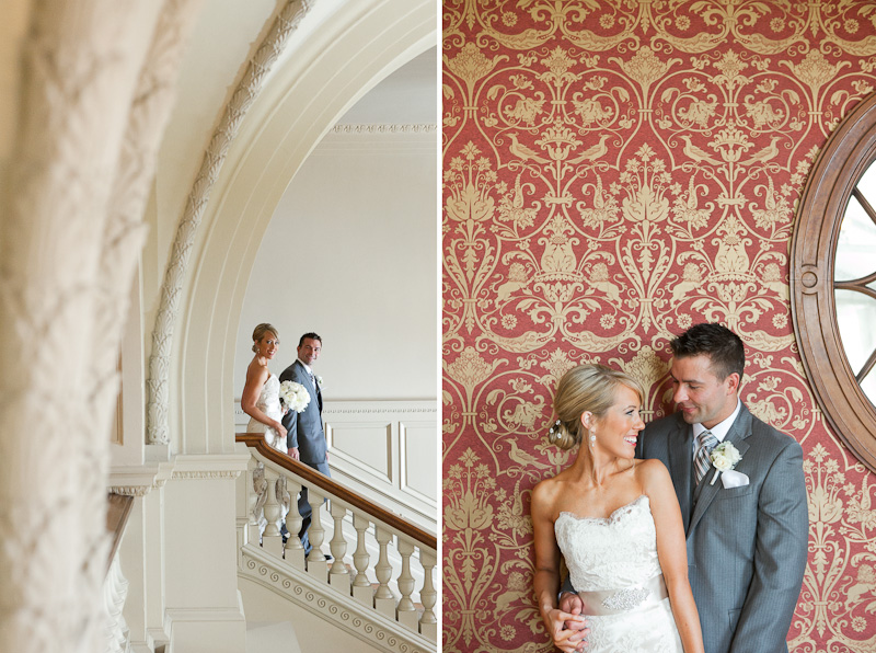 Unique portraits of the bride and groom at Cairnwood Estate, an elegant mansion venue in Bryn Athyn, PA.