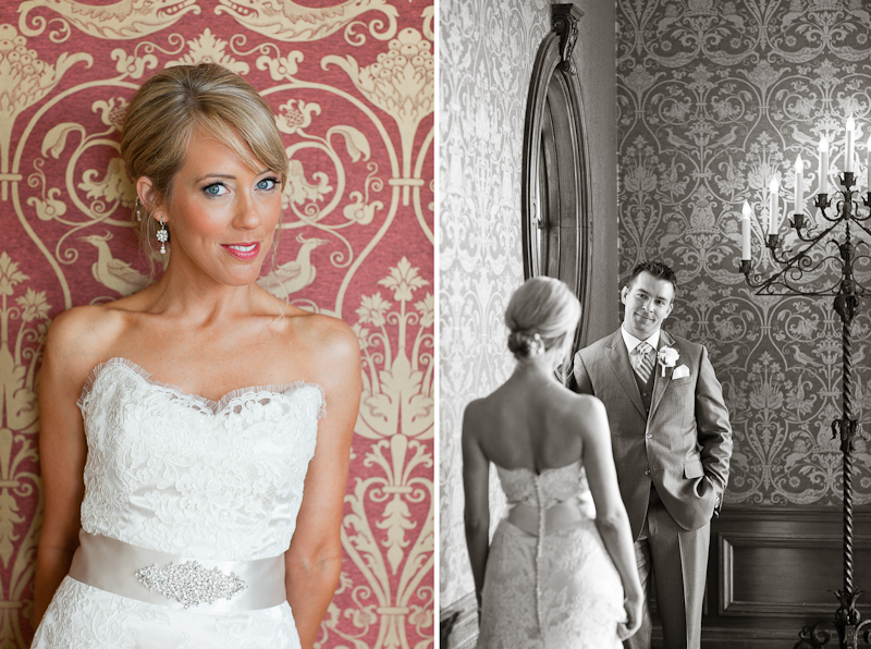 Portraits of the bride and groom inside the elegant and historic mansion of Cairnwood, outside of Philadelphia.