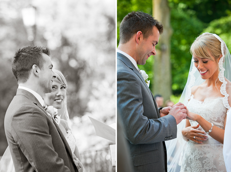 Bride and groom exchange rings during their romantic wedding at Cairnwood Estate.