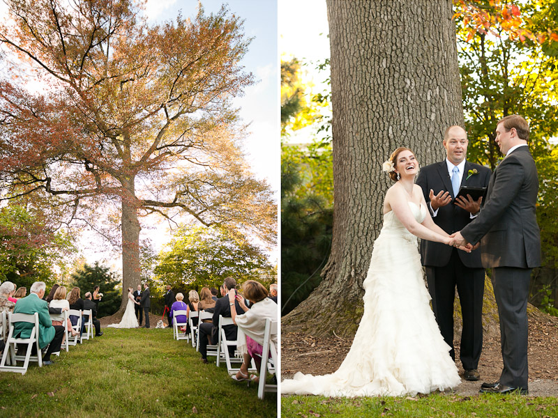 At the historic Rockwood Carriage House in Wilmington, a bride and groom attend their outdoor, fall wedding ceremony.
