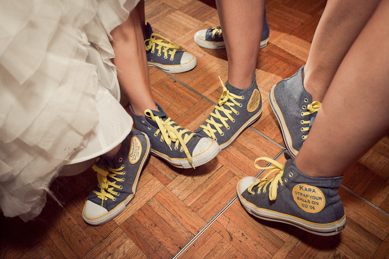 Bride and bridesmaids rock Chuck Taylor Converse sneakers during this wedding reception outside of Philadelphia.