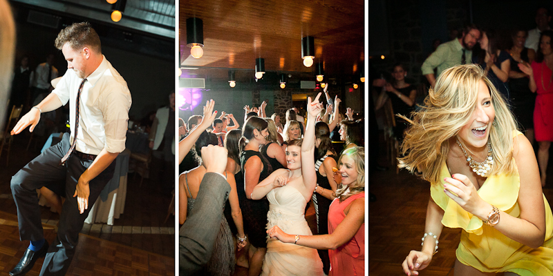 Guests dance during this unique rustic wedding reception at Rockwood Carriage House.
