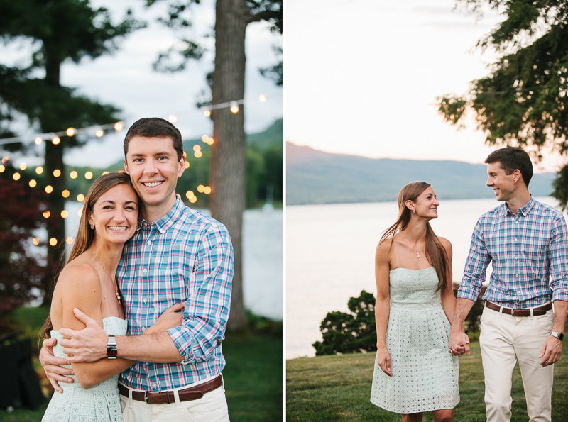 Future bride and groom at Lake George during their outdoor wedding rehearsal dinner.