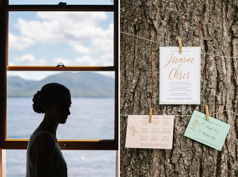 Bride gets ready before her rustic glam lakeside wedding in Warren County, New York.