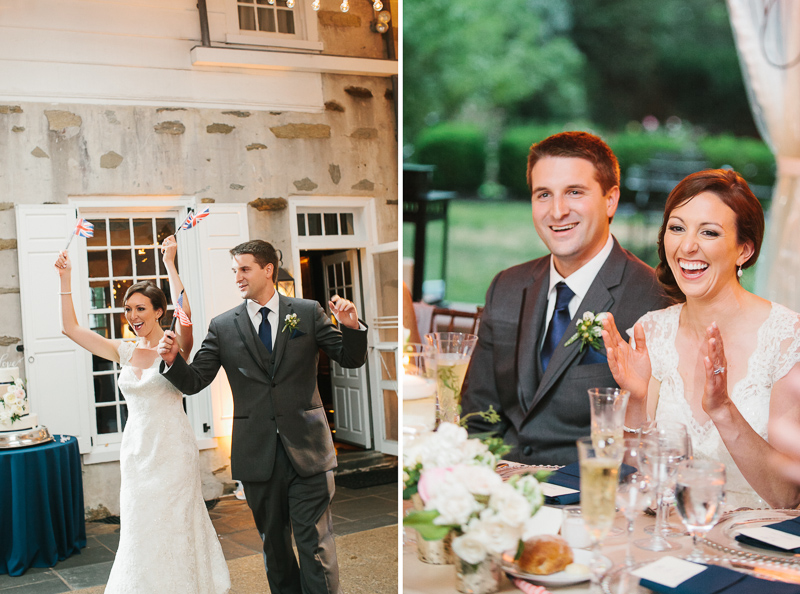 A modern bride and groom enter their wedding reception at Appleford Estate on the Main Line.