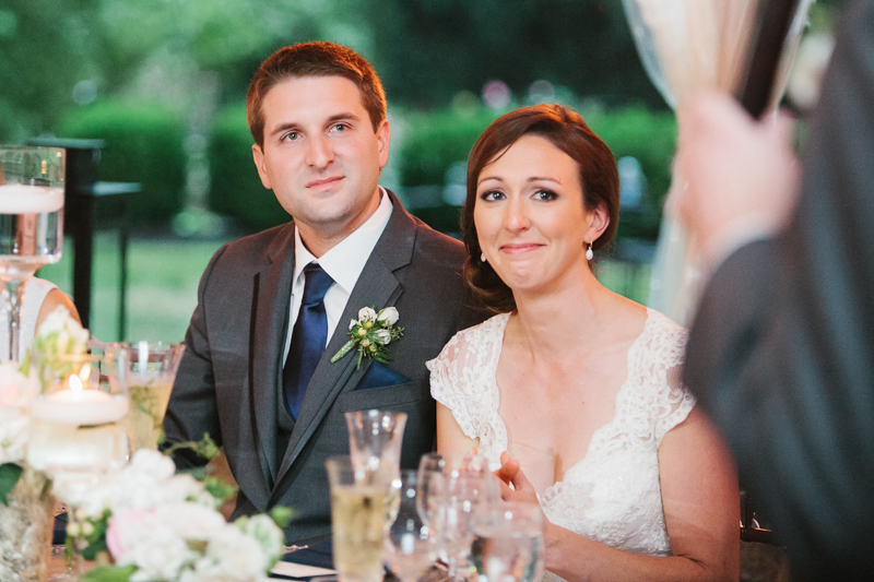 Bride and groom get emotional during their wedding reception at Appleford Estate, outside of Philadelphia.