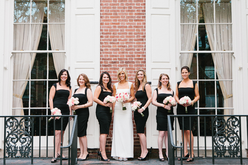 Modern bride with her bridesmaids in black at the Overbrook Golf Club in Villanova, PA on the Main Line.