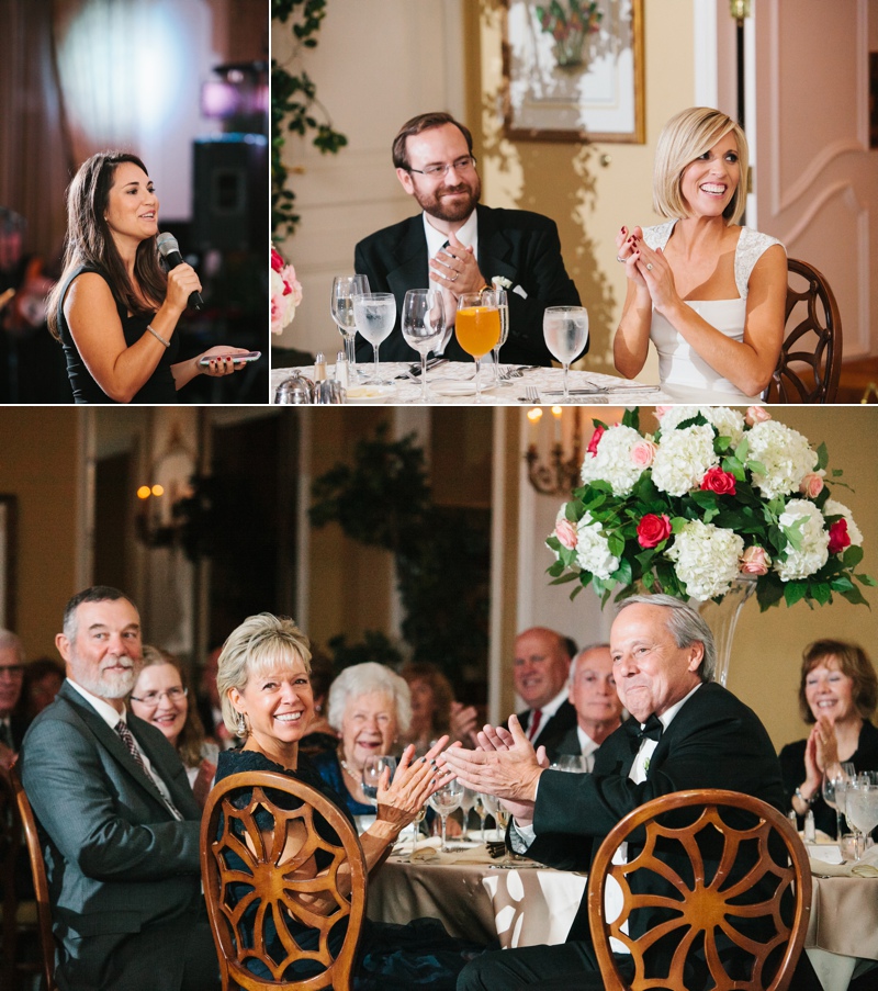 Bridesmaids toast to the bride and groom at their elegant estate wedding at Overbrook Golf Club near Philadelphia.