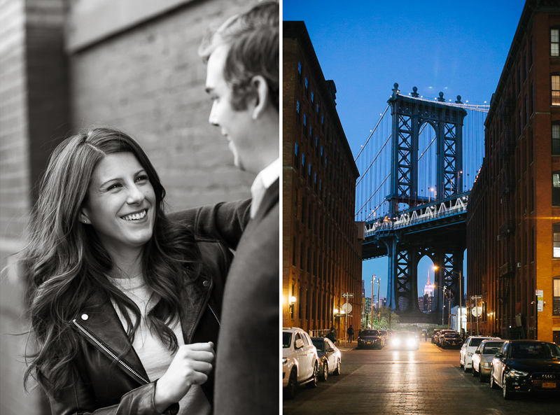 Unique urban city portraits during this engagement session in DUMBO, Brooklyn, New York.