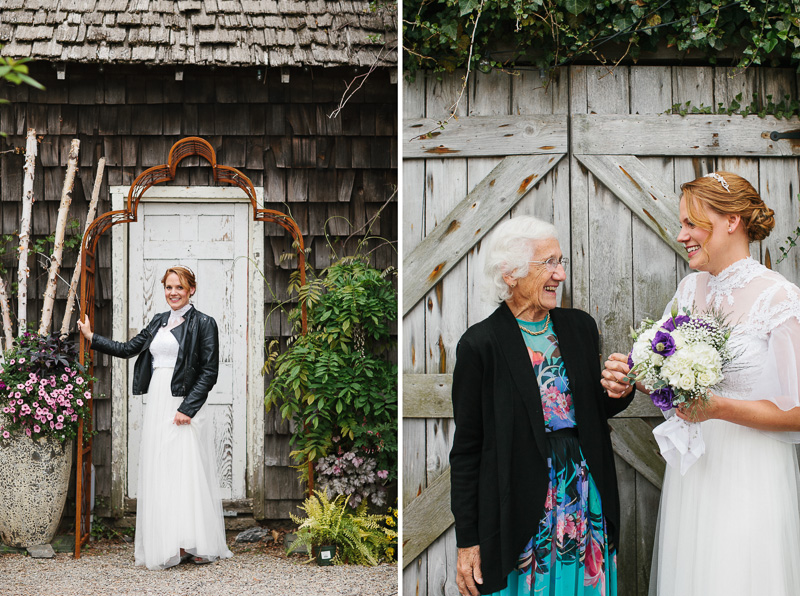 This Anthropologie bride takes a portrait with her grandmother before her garden wedding.