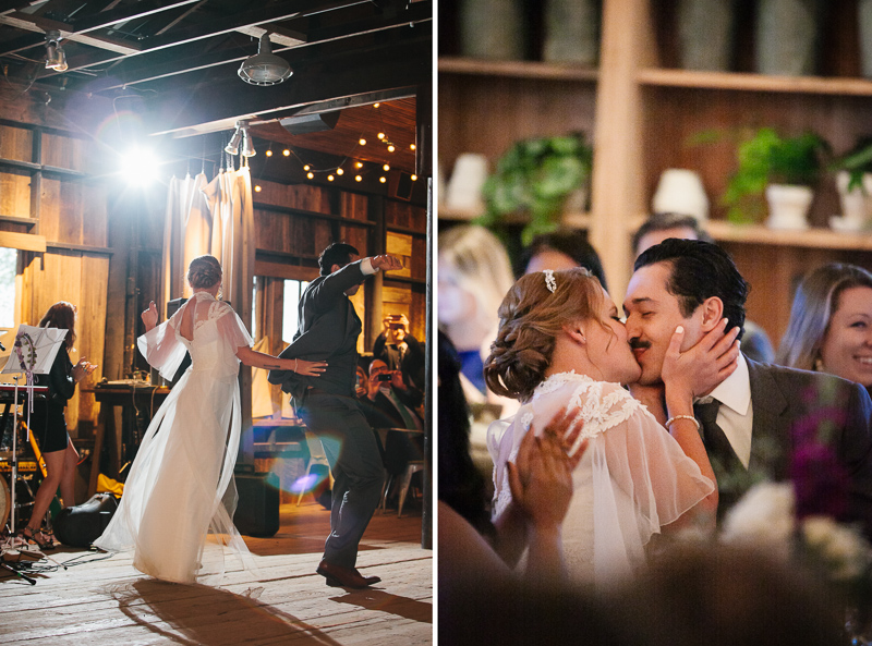 Bride and groom have their first off-beat dance at their wedding reception inside Terrain at Styers.