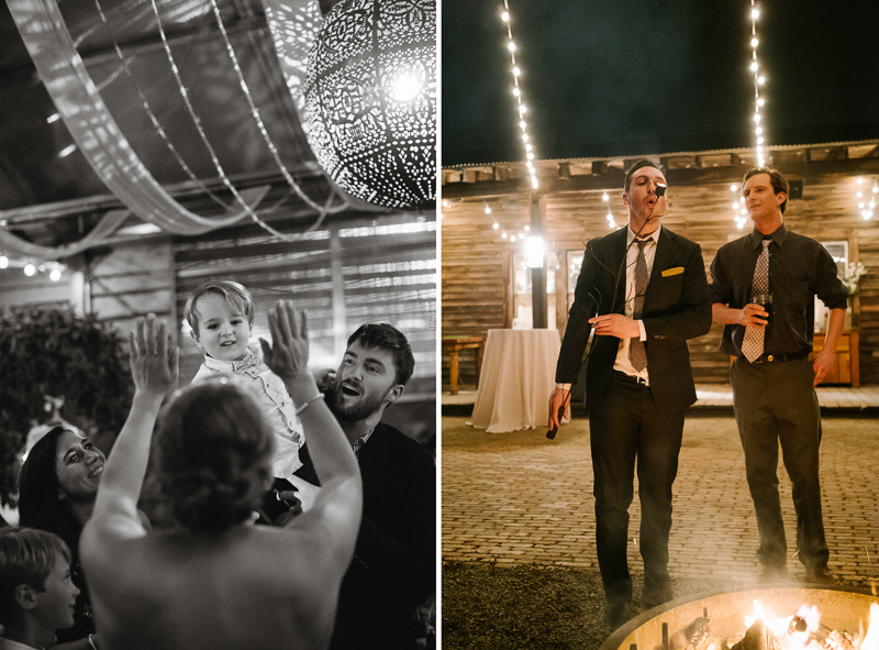Wedding guests toast marshmallows by the fire pits and dance under the lights at Terrain at Styers.