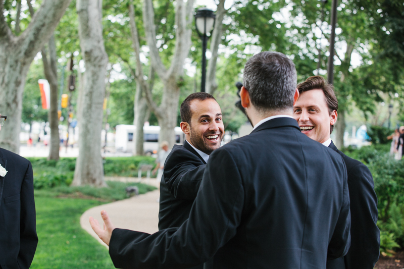 Groom and groomsmen at the Rodin museum.