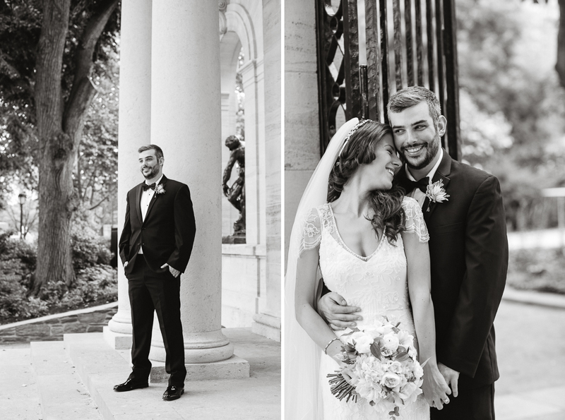 Portraits of the bride and groom at the Rodin museum in Philadelphia