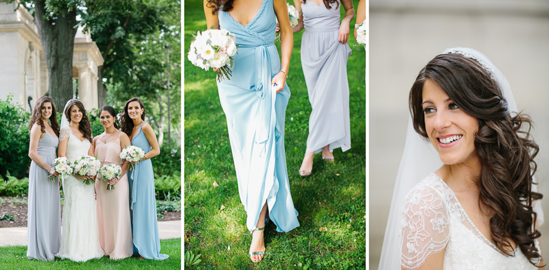 Bride and bridesmaids in blue and purple dresses