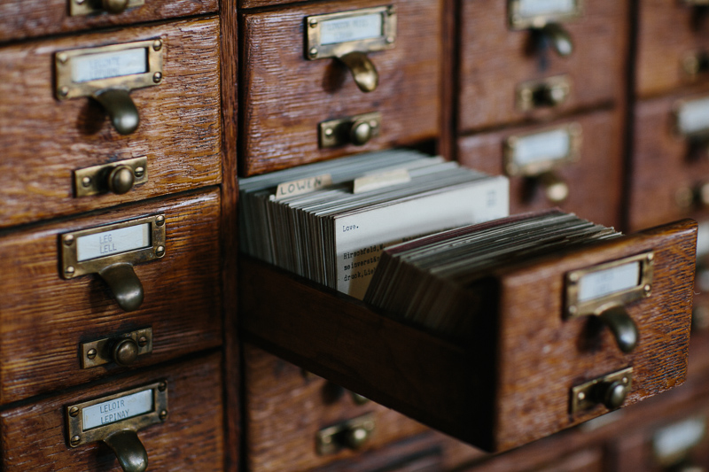 A detail of a library card catalog in The College of Physicians
