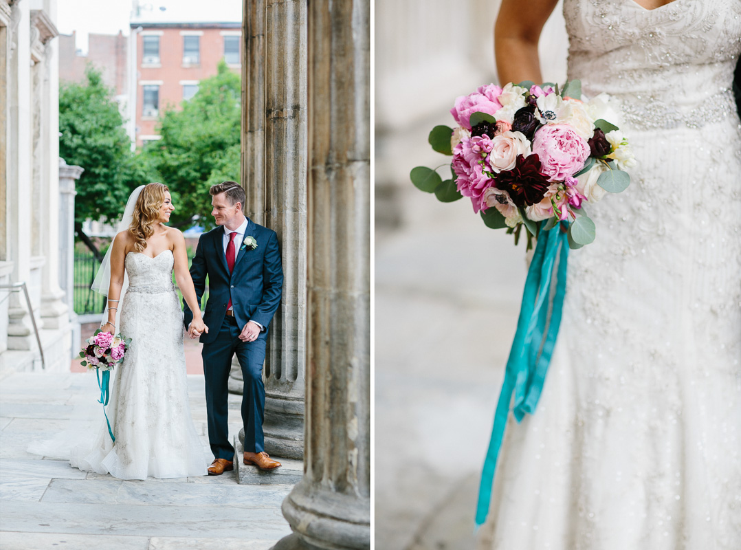 Unique pink and blue details decorate this rainy, summer wedding.