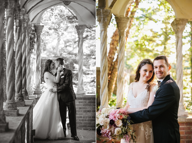 Unique portraits of the bride and groom before their Aldie Mansion wedding.