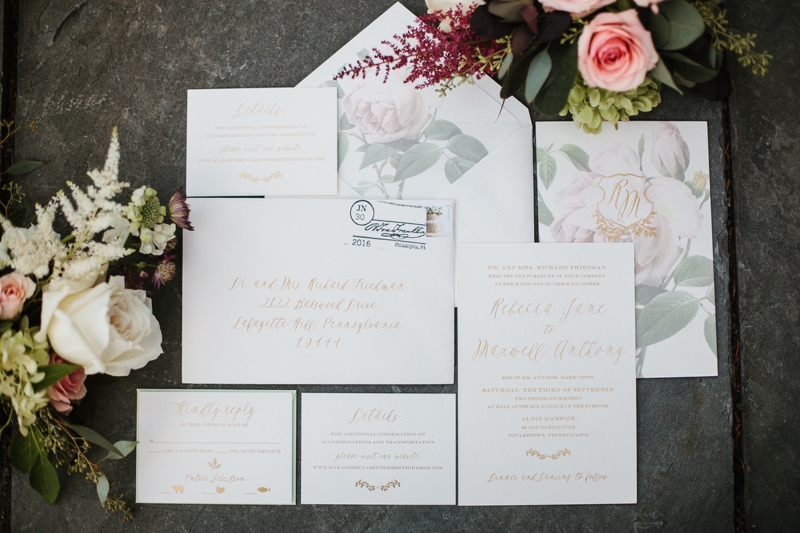 Detailed invitations made by the Papery of Philadelphia for a wedding at the Aldie Mansion.