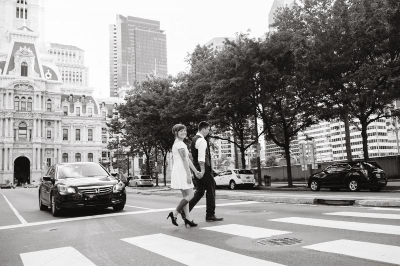 Bride and groom explore the city of Philadelphia after their elopement ceremony.