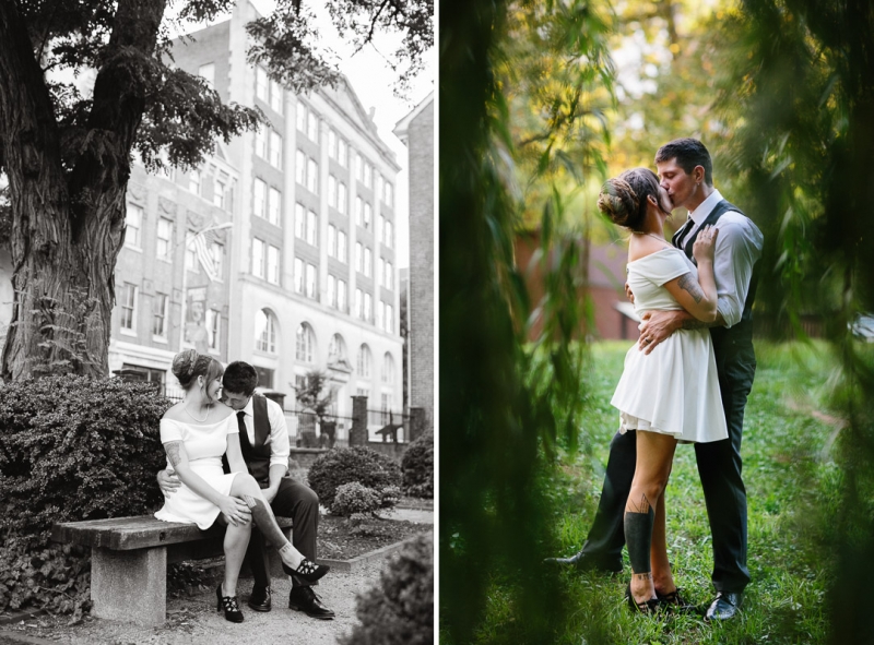 Romantic and intimate moments shared by the newly wed couple at Independence Park in Philadelphia.