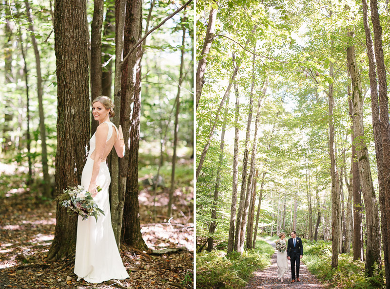 bride and groom in Poconos forest for photos before wedding ceremony