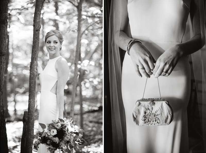 Creative black and white portraits of the bride before her unique woodland wedding at Lake Naomi.