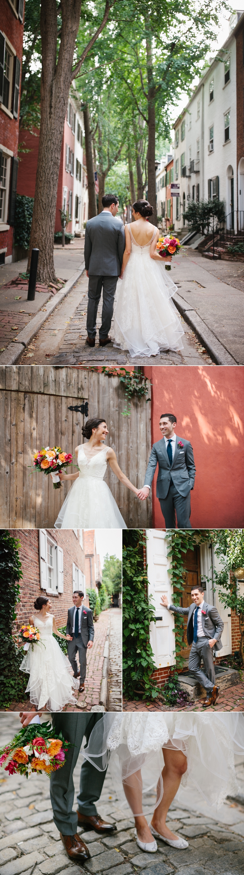 Modern bride and groom portraits down a classic cobblestone Philadelphia street.