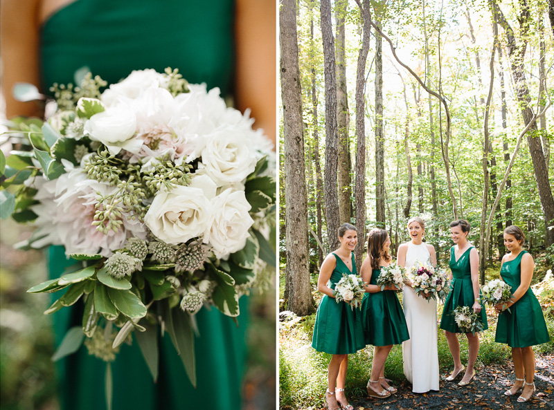 Gorgeous bouquets by Allium Floral Design for this woodland lake wedding at Lake Naomi.