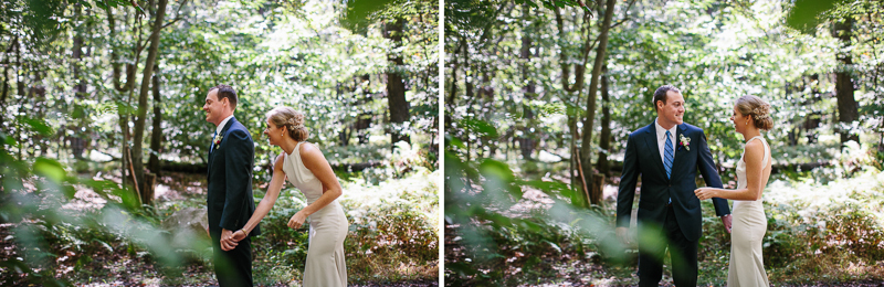 Modern bride and groom have their first look before their outdoor wedding ceremony in the Poconos.