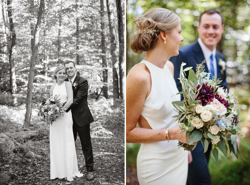 Bride and groom have their first look in the forest of the Poconos in Pennsylvania during the fall season.