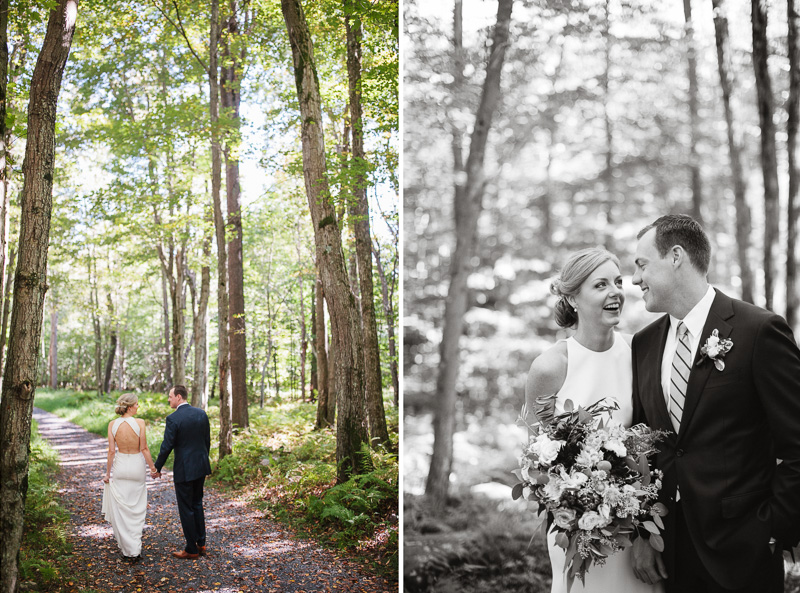 Romantic portrait of the bride and groom in the Poconos mountains near Lake Naomi.