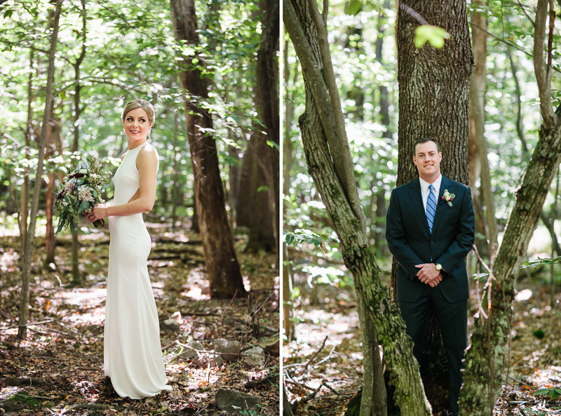 Portraits of the bride and groom outdoors in the Pocono Pines near Lake Naomi.