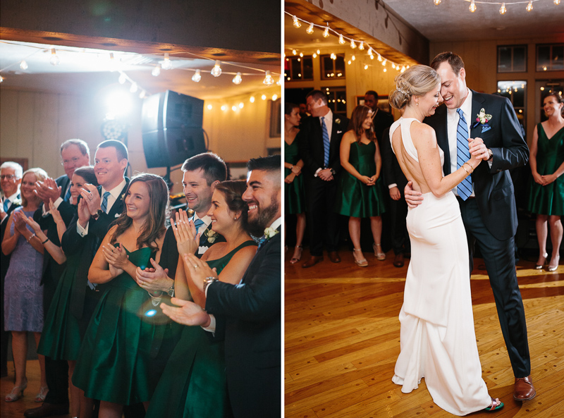 Bride and groom have their first dance at the Mountaintop Lodge at Lake Naomi.
