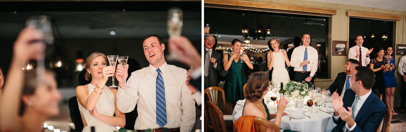Bride and groom toast to their rustic wedding at their reception at Lake Naomi Club.