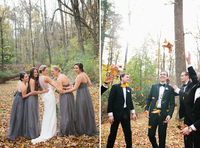 fun wedding party photos in fall leaves and woods Bucks County