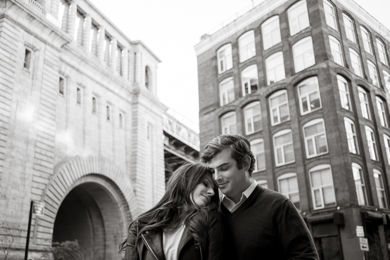 A fun and relaxed engagement photo session in Dumbo, Brooklyn, photos by Sweetwater Portraits.